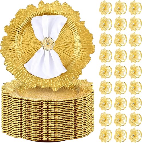 Juego de 50 platos de carga con servilletero redondo de 13 pulgadas, cargador de placa de arrecife mate con borde con volantes, cargador de cena con