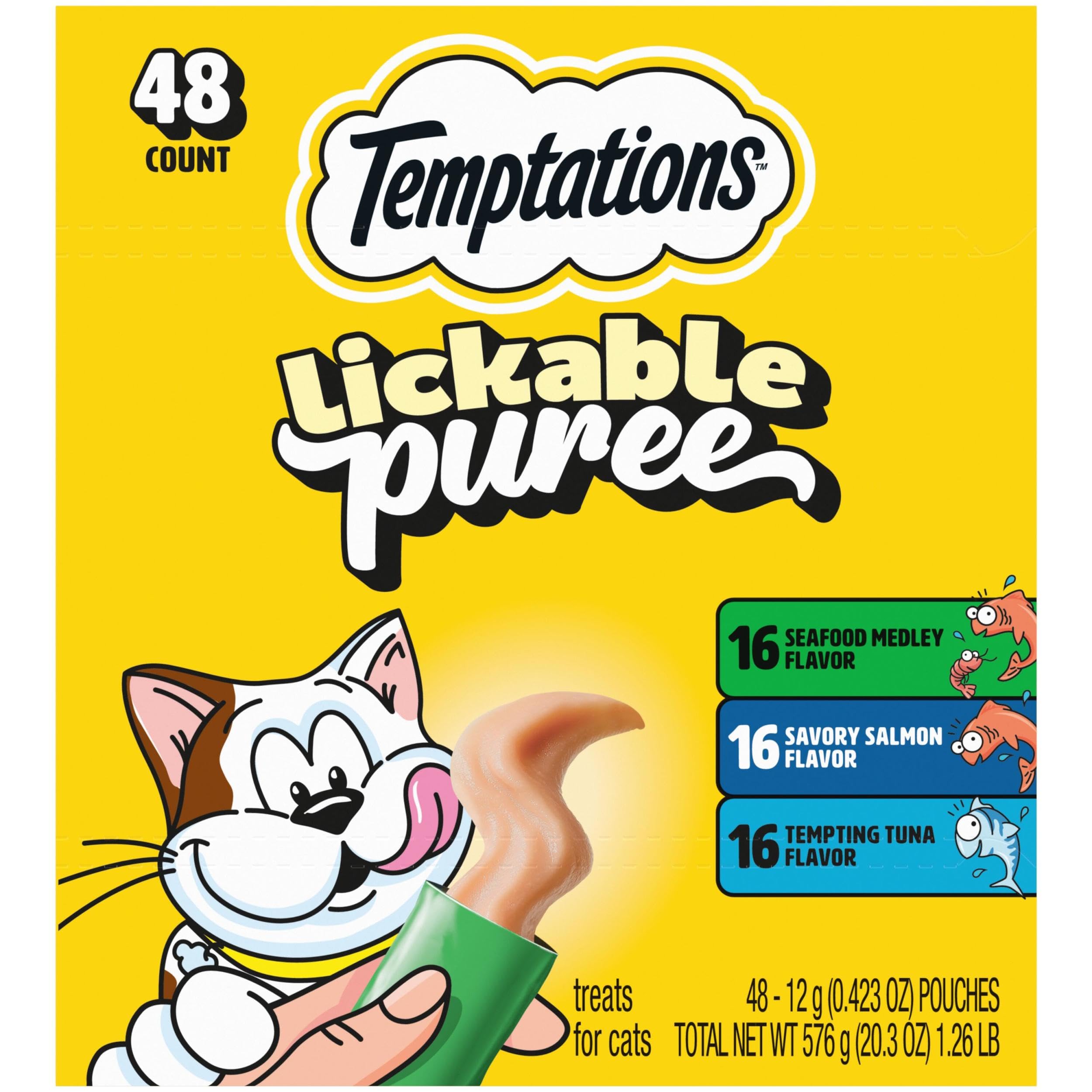 Creamy Puree Squeezable Lickable Cat Treats, Wet Cat Treats with Tuna, Salmon, and Seafood Medley Variety Pack, 0.42 oz. Tubes, 48 Count