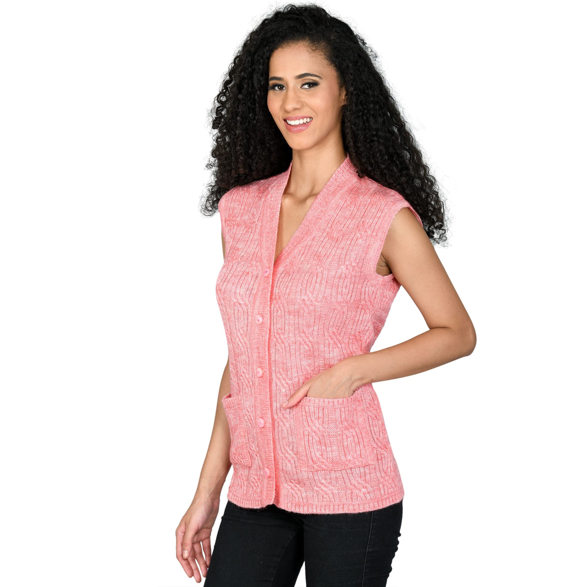 Women's Wool V-Neck Cardigans (PUREWOOLRAINBOWSEMIHALFSLEEVECOTTY_Pinky Peach_2XL)-image-23