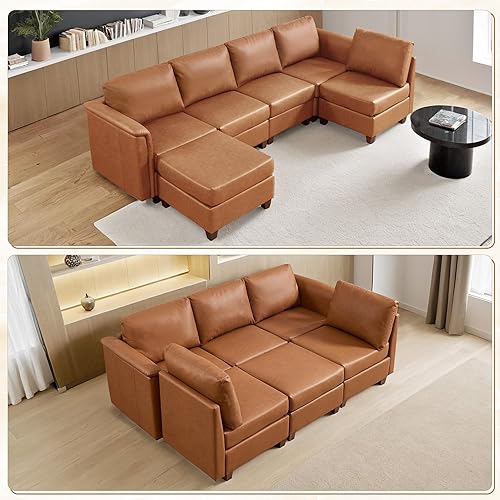 Leather Sectional Couches for Living Room, Modular Sectional Sofa with Storage, Faux Leather Reversible 6-Seat Couches,Brown