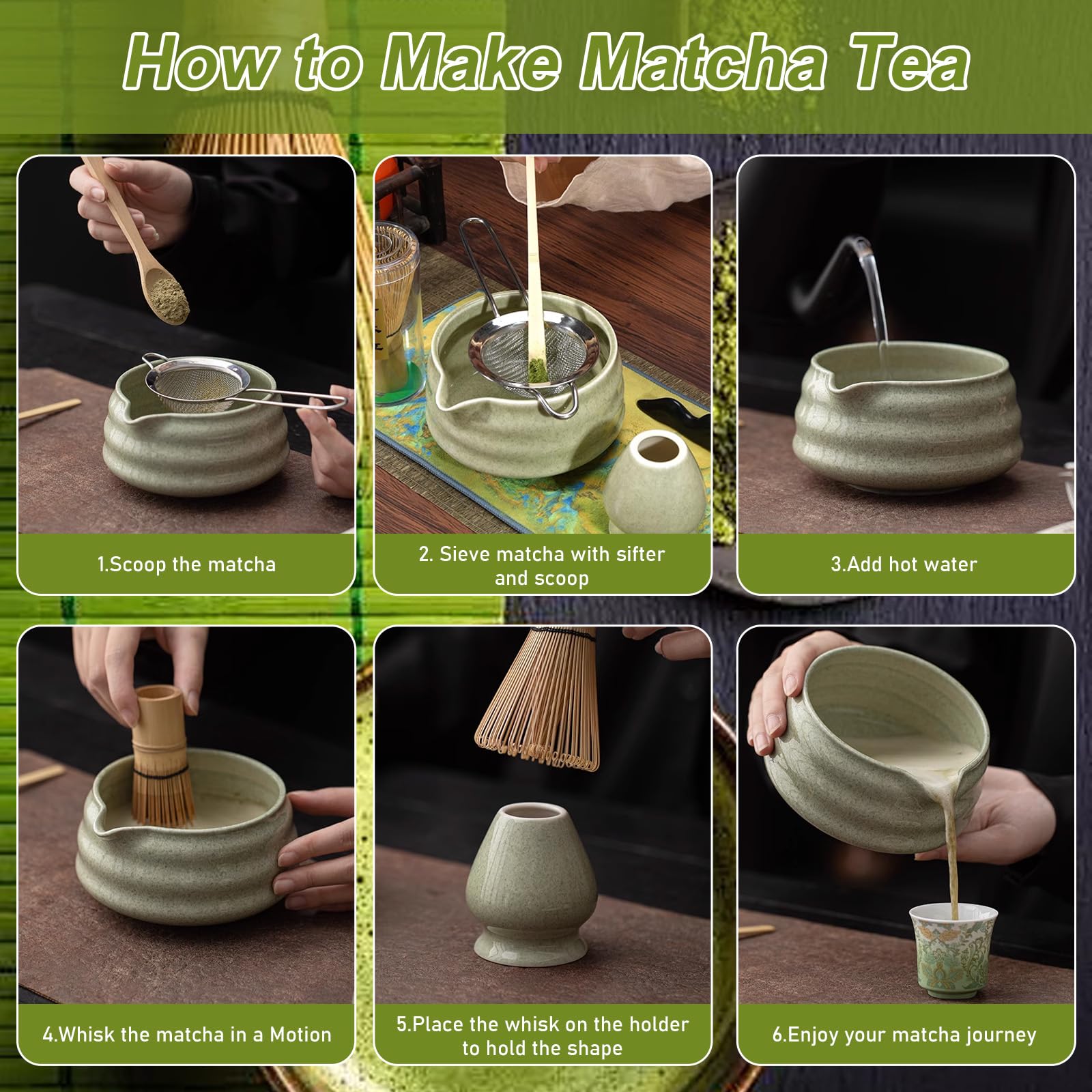 6-teiliges Japanisches Matcha Set, Matcha-Schale mit Ausgießer, Matcha-Besen Filtersieb Löffel Besenhalter & mehr, Stilvolles Tee-Set für Einsteiger & Matcha-Liebhaber (Matcha)