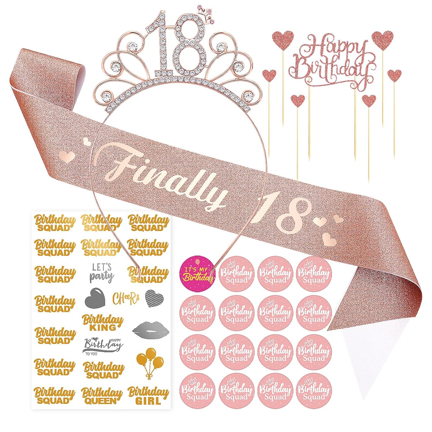 Rose Gold 18th Birthday Sash, Birthday Crowns Gifts Set for 18 Birthday