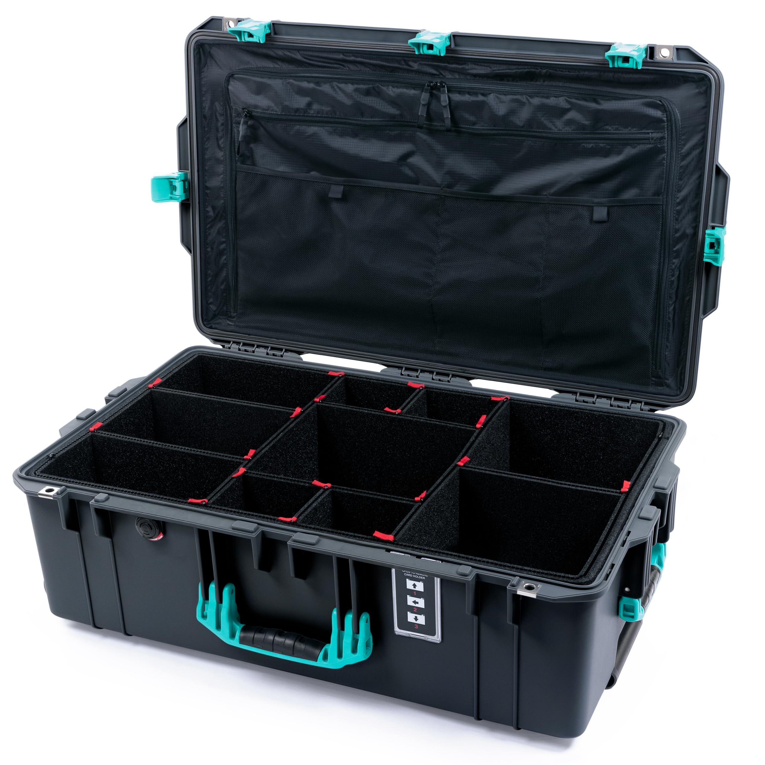 ColorCase Pelican 1595 Case Charcoal - Large Sized Waterproof Case with TrekPak Divider System & Combo Pouch Lid Organizer- Teal Handles & Latches