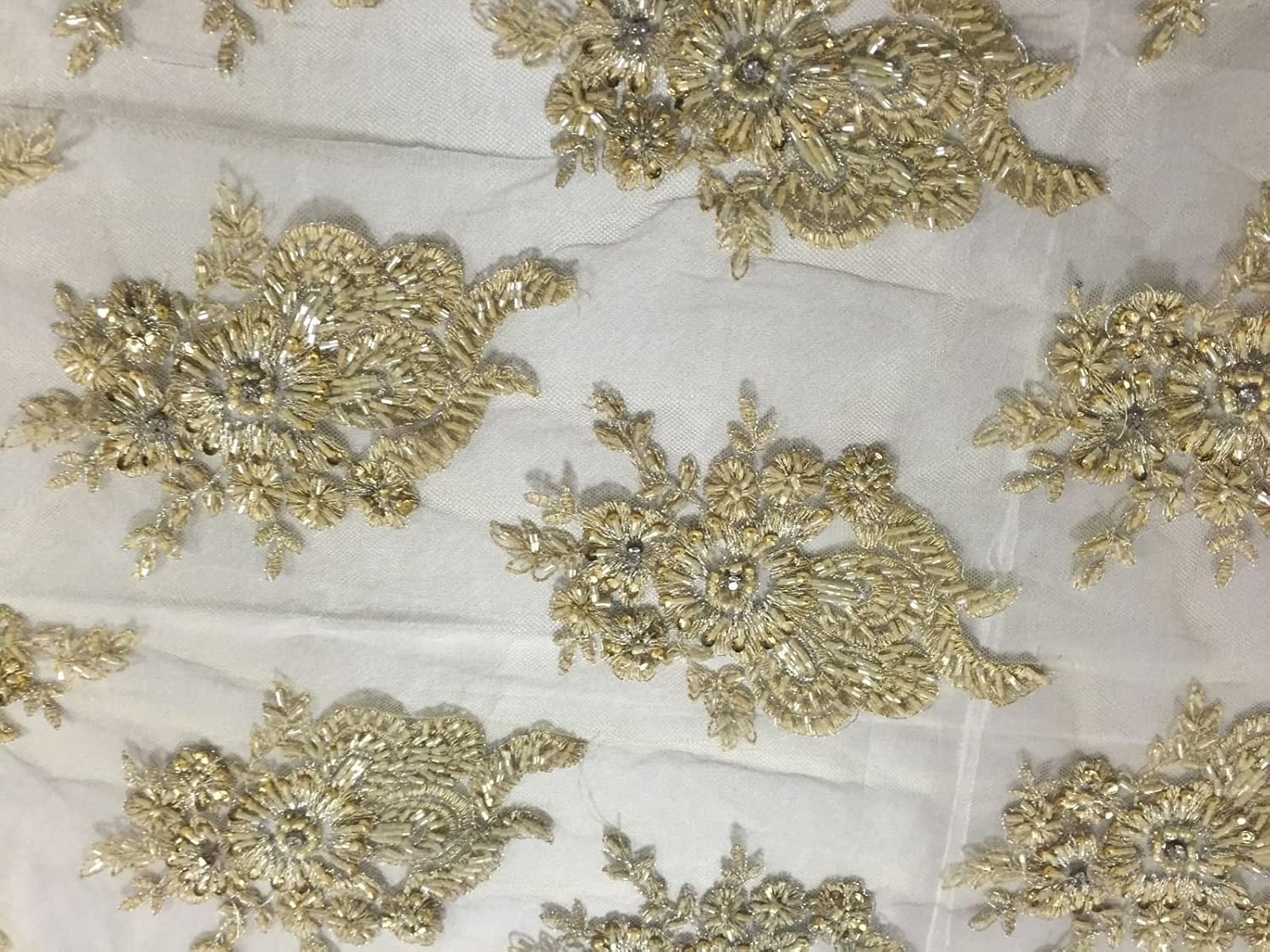 Metallic Gold Flowers Embroider and Heavy Beaded On A Mesh Lace Fabric-Prom-Yard