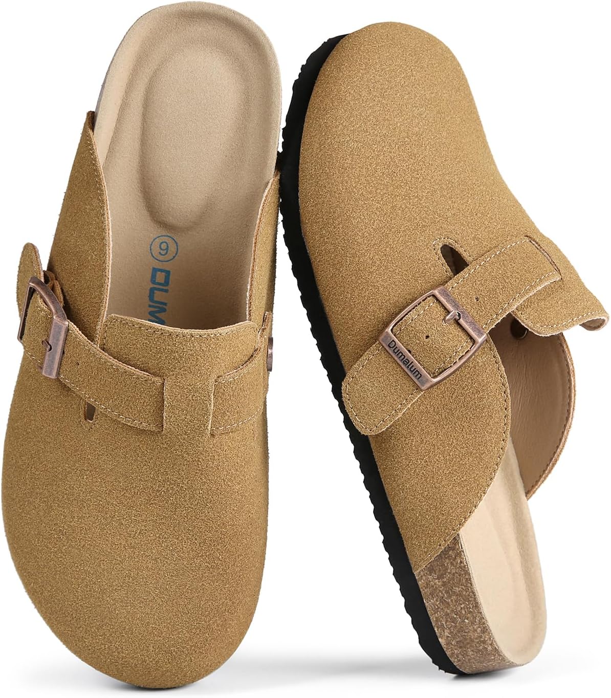 Women's Suede Clogs Classic Cork Footbed Leather Mules Adjustable Buckle Antislip Slippers with Arch
