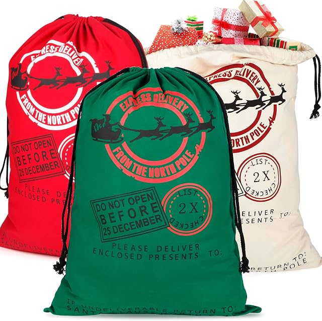Christmas Santa Sack Drawstring Bag, 3Pcs Xmas Canvas Gift Bags Personalised Candy Pouch Sacks Vintage Embroidered Xmas Party Burlap Bag, Christmas Decoration Santa Bags for Kids Gift Candy Storage