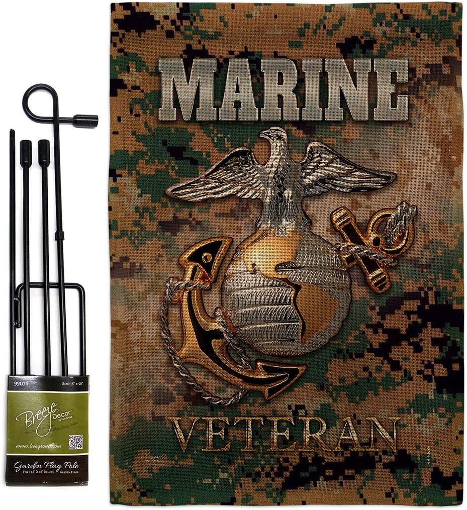 US Marine Veteran Burlap Garden Flag - Set with Stand Armed Forces Corps USMC Semper Fi United State American Military Retire Official - House Banner Small Yard Gift Double-Sided 13 X 18.5