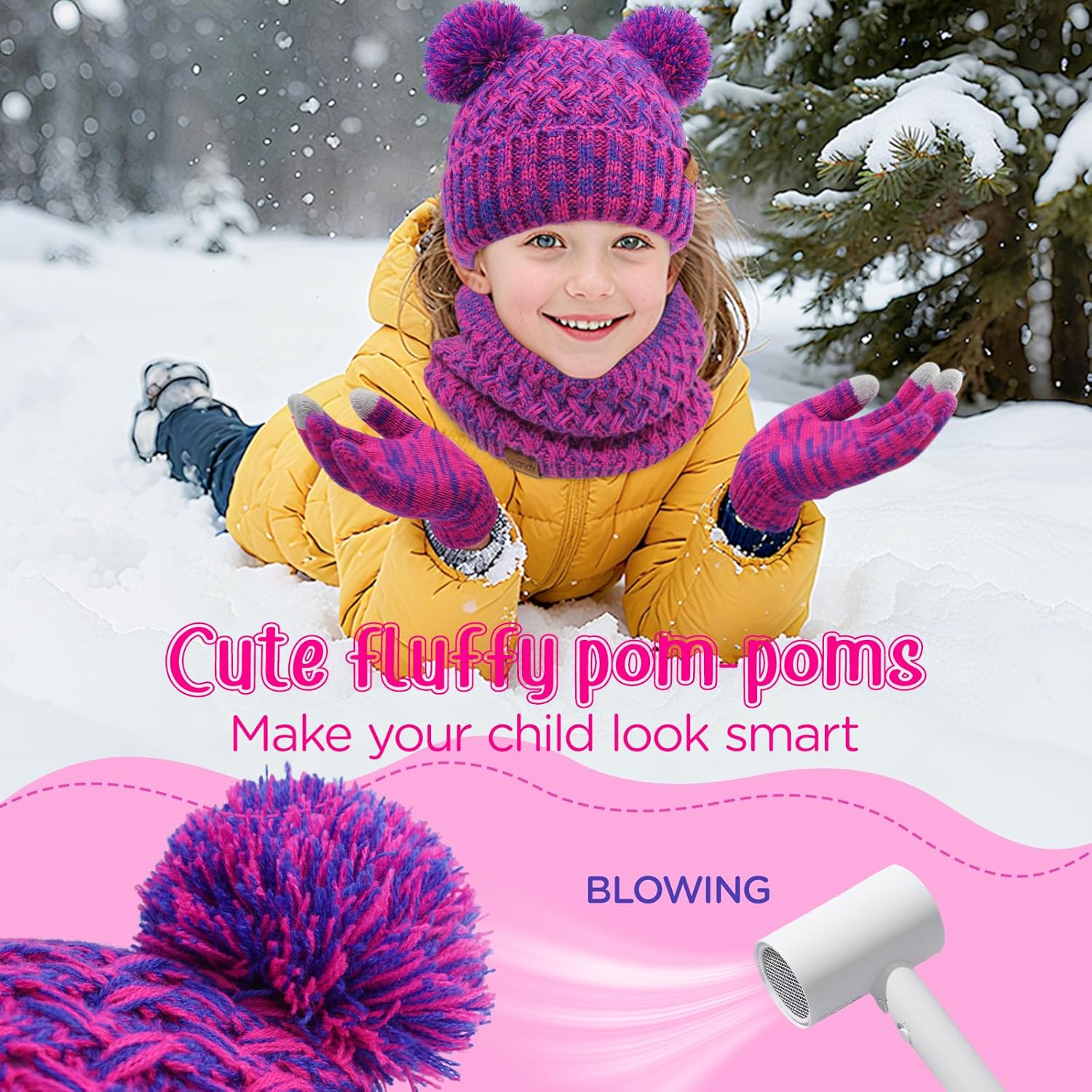 Wandx Kids Winter Hat Gloves Scarf Set Fleece Lined Beanie with Pom knitted Neck Warmer for Boys Girls Aged 2-15 Cold Weather - Image 3