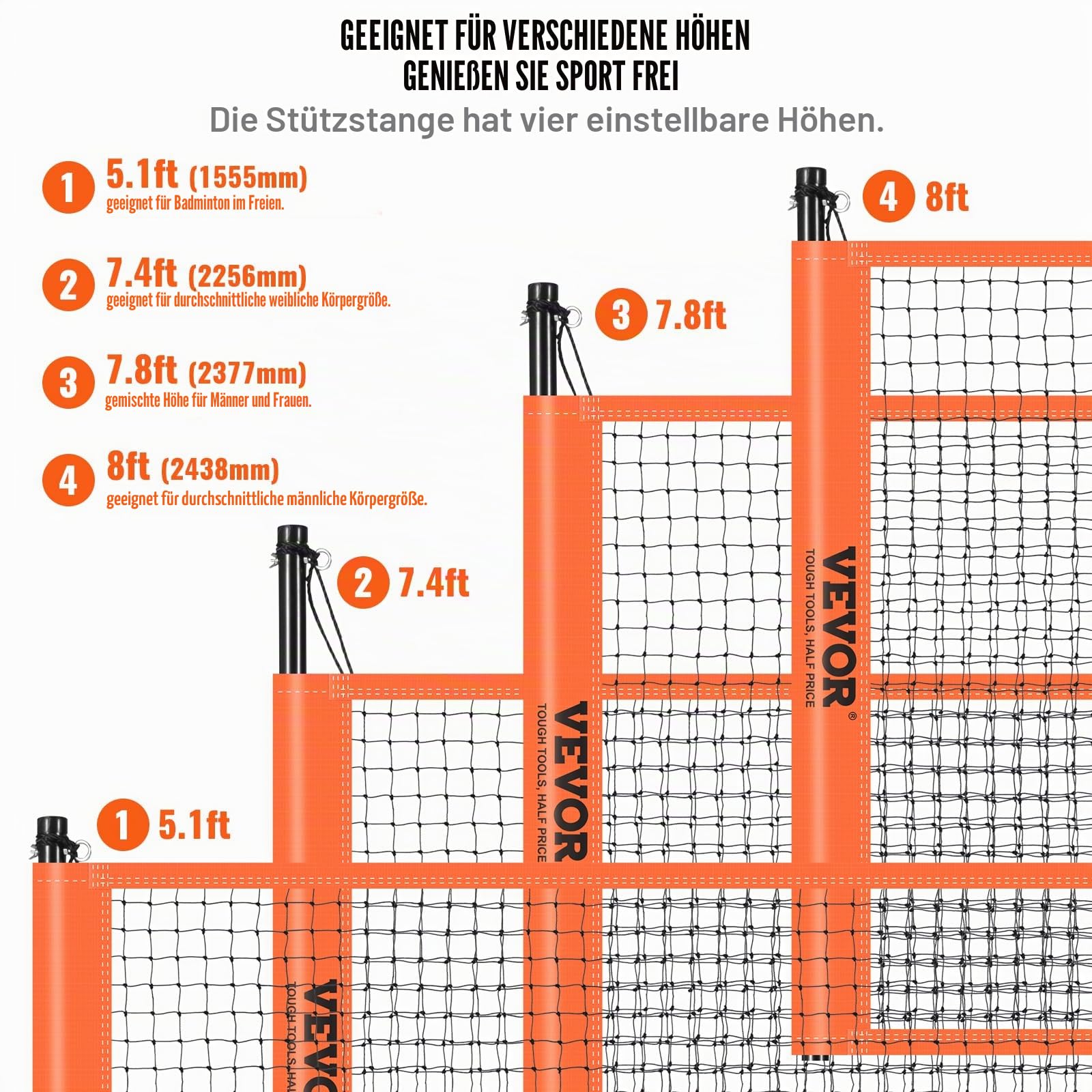 VEVOR Volleyballnetz Höhenverstellbares Badmintonnetz, 91,44 x 970 cm Tragbarer Beachvolleyball-Netz, Orange Volleyballnetz Faltbare Volleyballnetz mit Volleyball & Tragetasche & Badmintonschläger