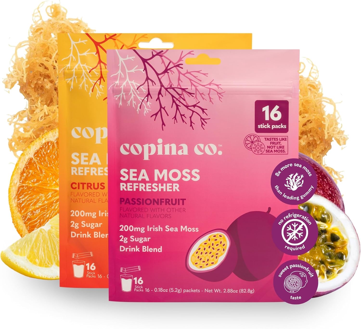 Organic Irish Sea Moss Powder - 200mg Packets for Gut Health and Immune Support - Passionfruit & Citrus Blossom Flavored Seamoss Drink with Coconut Water for Hydration - Variety 32 Stick Packs