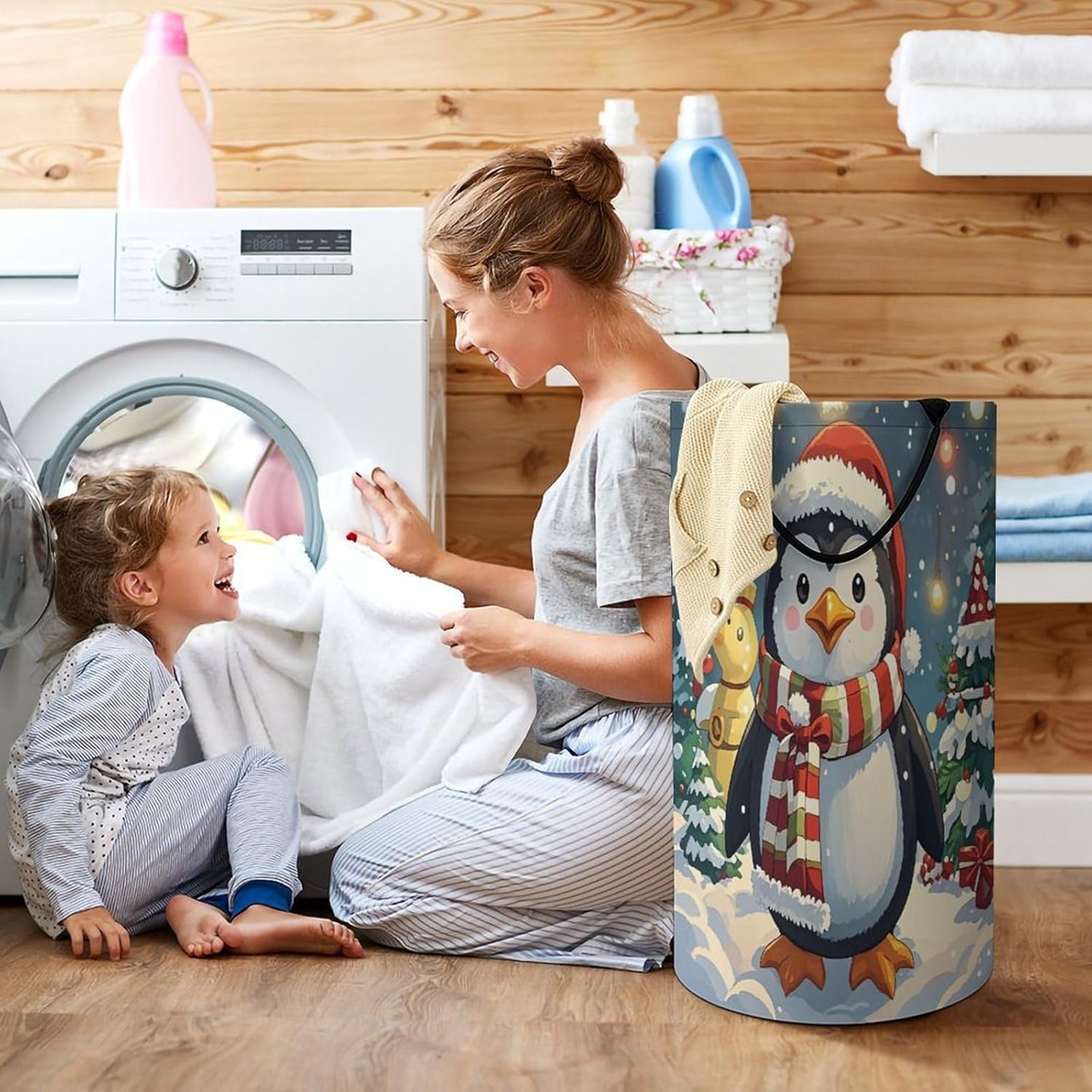 Christmas Funny Penguin Laundry Hamper with Handles Freestanding Large Laundry Basket Collapsible Clothes Hamper Waterproof Clothes Basket for Family Bathroom Decor Storage 86L
