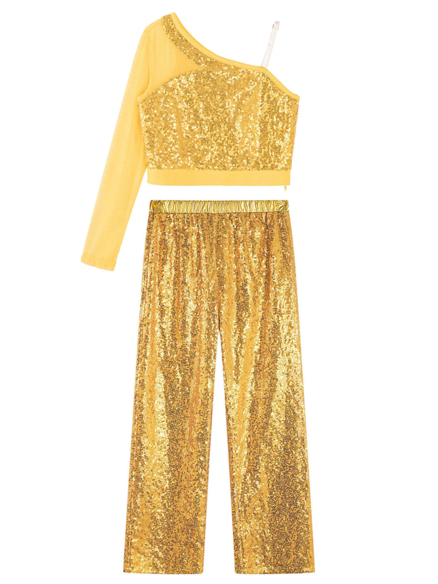 YiZYiF Costumi da Ballo Bambina Crop Top Danza Moderna Manica Lunga con Pantaloni Scintillanti Hip Hop Tuta da Ginnastica