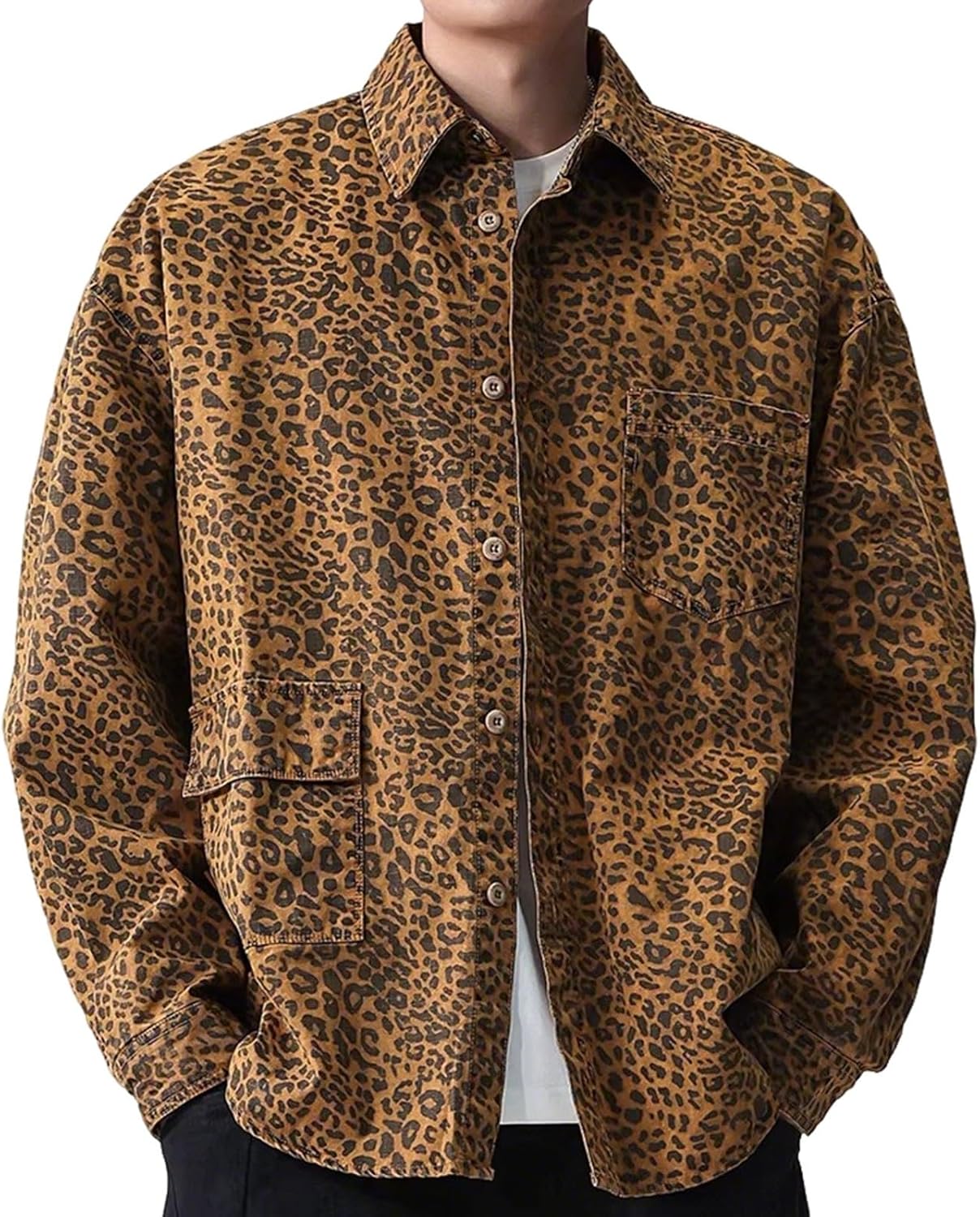 Leopard Print Loose Fit Men's Shirt, Workwear Style Long Sleeve Jacket, for Autumn Wear