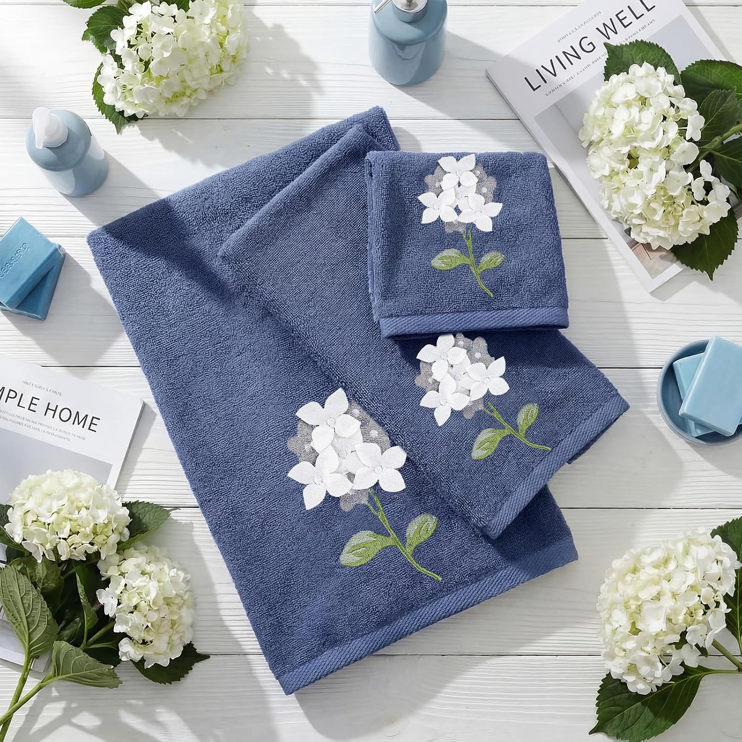 Gilprop 3 Pcs Spring Hydrangea Embroidered Bath Towels Sets Including Cotton 1 Bath Towel 1 Hand Towel and 1 Wash Cloth Absorbent Spring Hydrangea Towels for Bathroom Kitchen Hotel Gym Spa