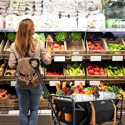 Miniatura 3 de Carro plegable, carrito utilitario resistente con bolsillo lateral, vagones de gran capacidad para compras de comestibles, jardín, playa, picnic,