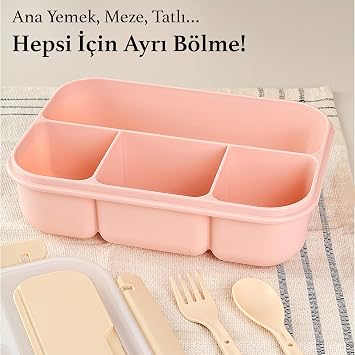 Sızdırmaz Contalı Yemek Kabı - 4 Bölmeli Çatal Kaşıklı Diyet Beslenme Kutusu Lunch Box Pembe