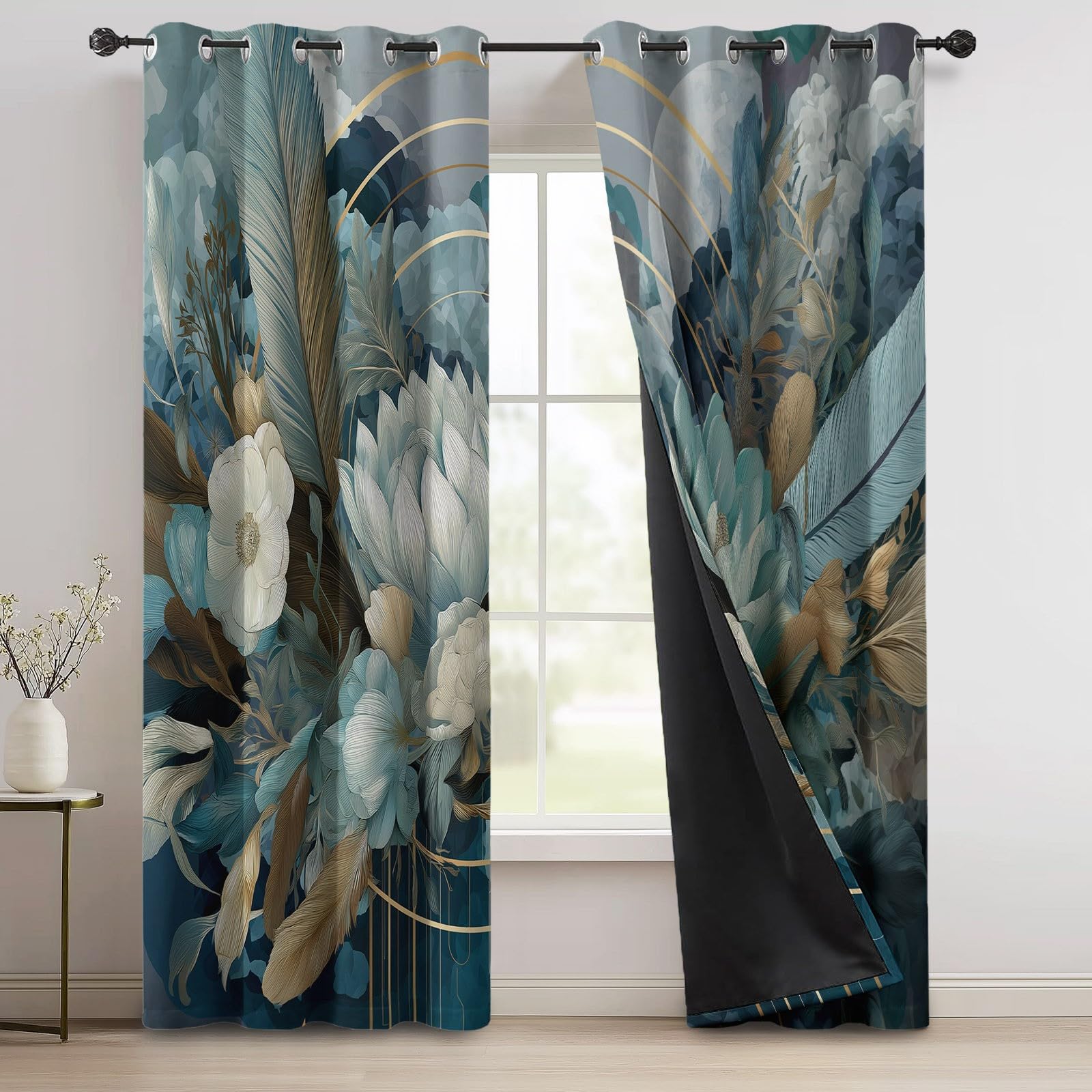 Zasłony izolacyjne 110 L x 215H cm (2 panele), minimalistyczny i wykwintny design z piórami, nieprzezroczyste wiszące przed ciepłem do głównej sypialni, niebiesko-zielone
