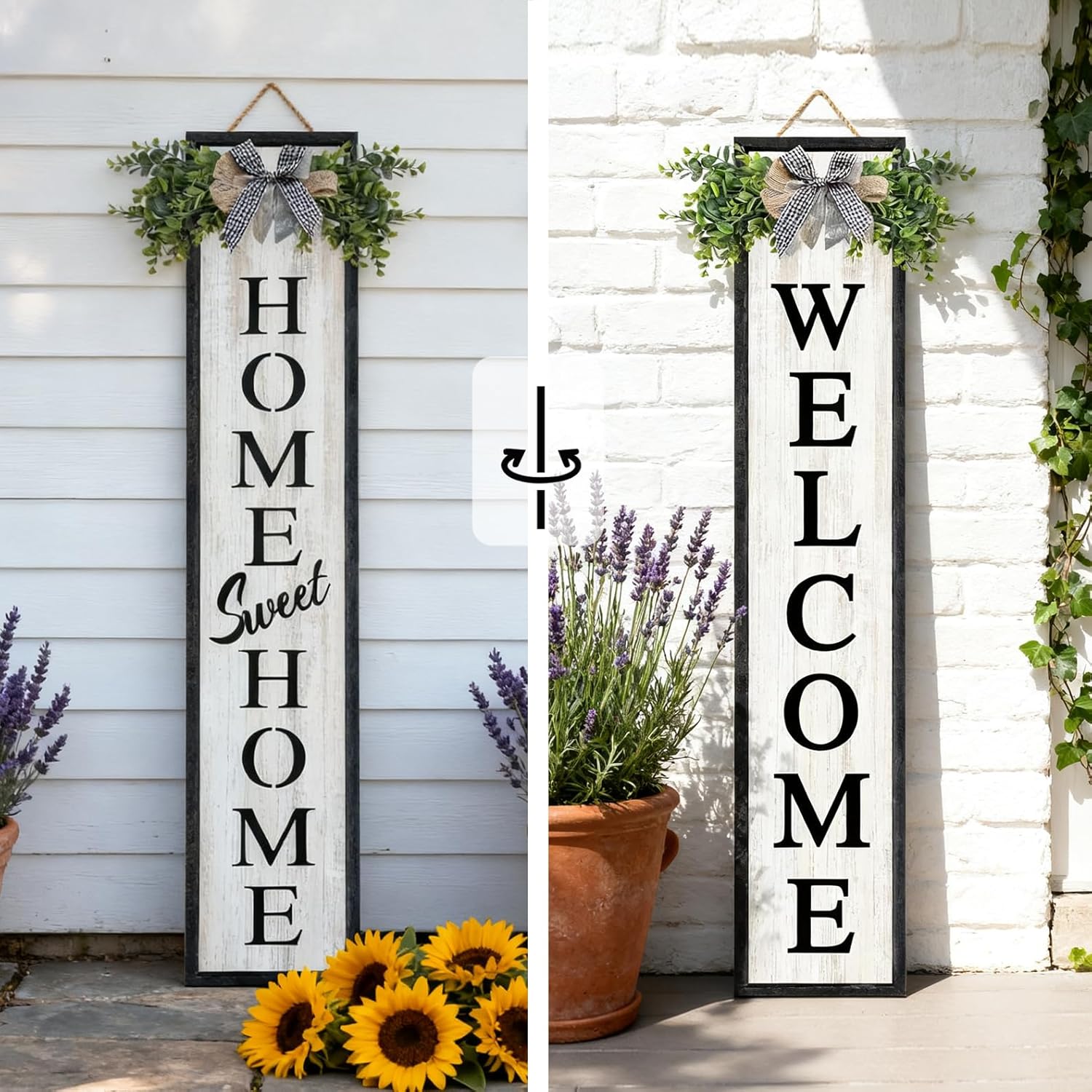 Double-sided Welcome Wooden Sign Stand with Magnetic-adhesive Wreath for Front Door, 47" Vertical Farmhouse Home Sweet Home Porch Sign, 2in1 Large Tall Porch Leaner Decor for Outdoor Patio Garden