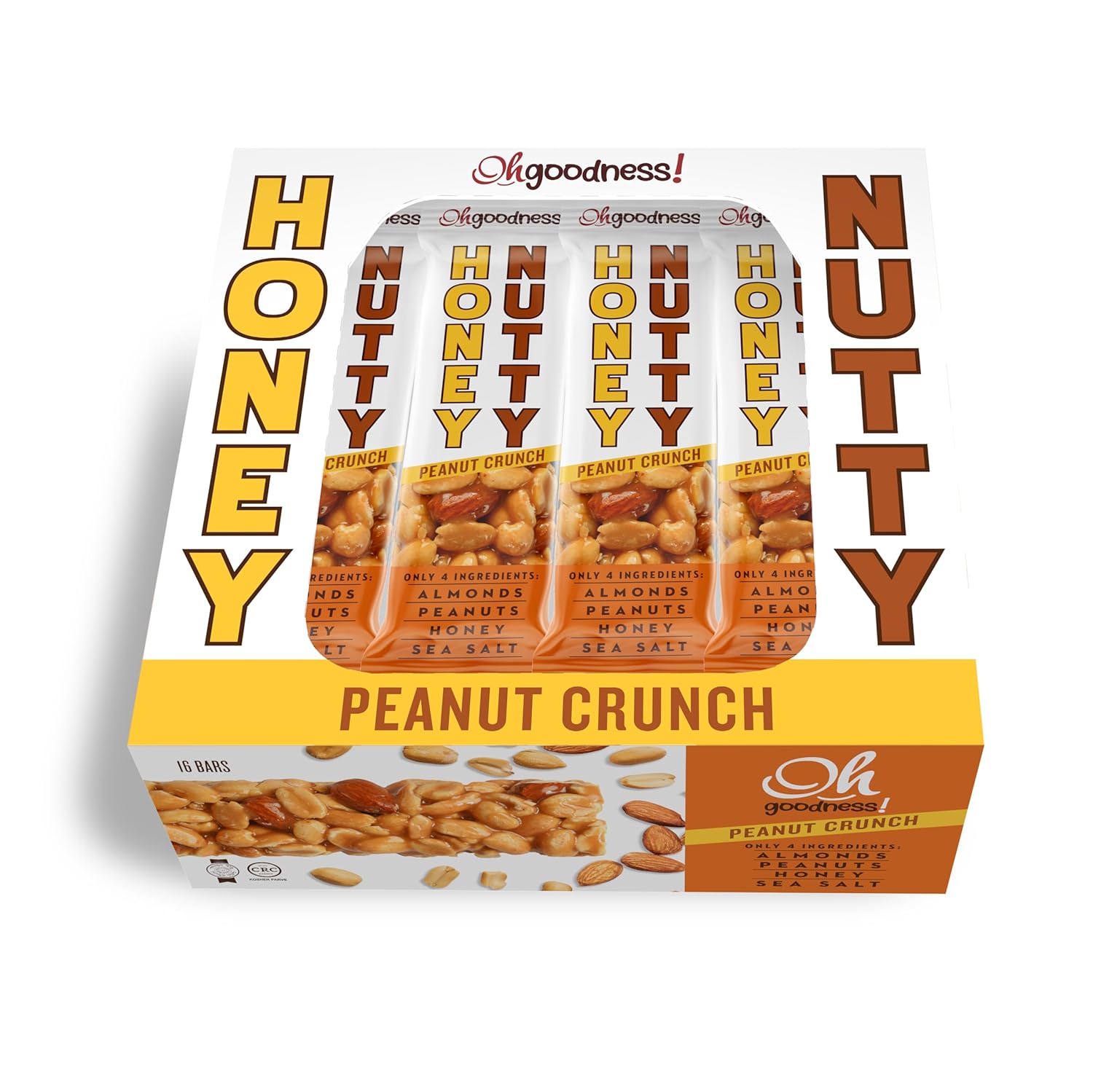 Oh Goodness! Honey Nutty-Nut Bars 16 Pack. All Natural, No Preservatives, No Artificial Flavors, Non GMO, Kosher, Honey Sweetened