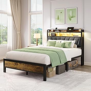 Welzona Full Size Bed Frame with Charging Station, LED Bed with Upholstered Storage Headboard, Solid and Stable, Noise Free, No Box Spring Needed, Easy Assembly, Brown