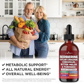 Berberine with Ceylon Cinnamon Supplement Liquid Drops + Bitter Melon Extract, Glucomannan, Gymnema, Chromium, Turmeric, Panax Ginseng, Moringa- 4 OZ