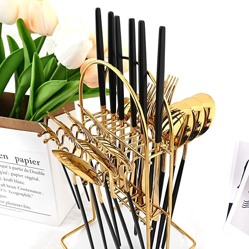 Miniatura 6 de Juego de cubiertos de 24 piezas de color negro dorado con soporte, juego de vajilla ligera de acero inoxidable con asas negras para el hogar,