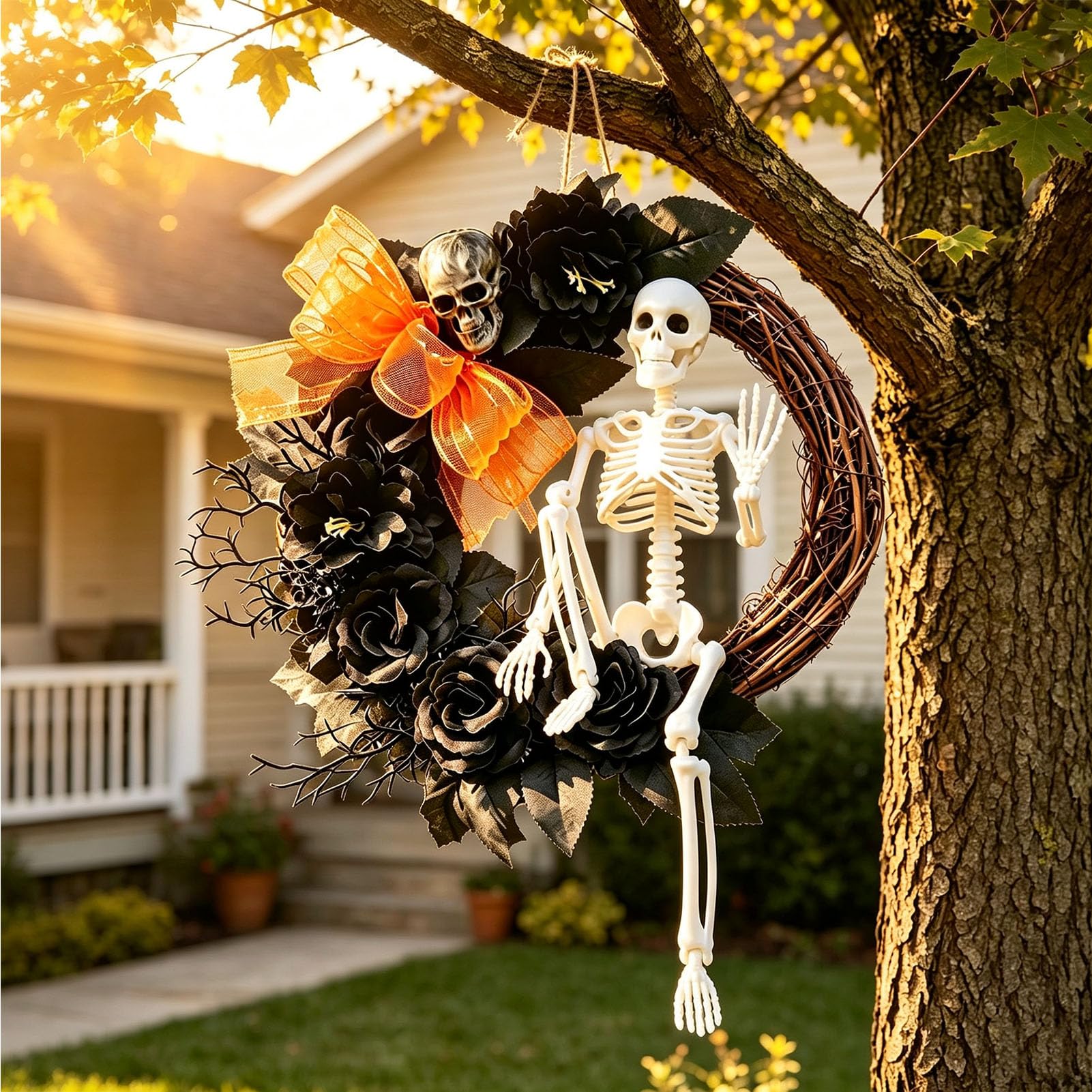Wieniec Halloween z Pozującą Figurką Szkieletu na Drzwi Frontowe