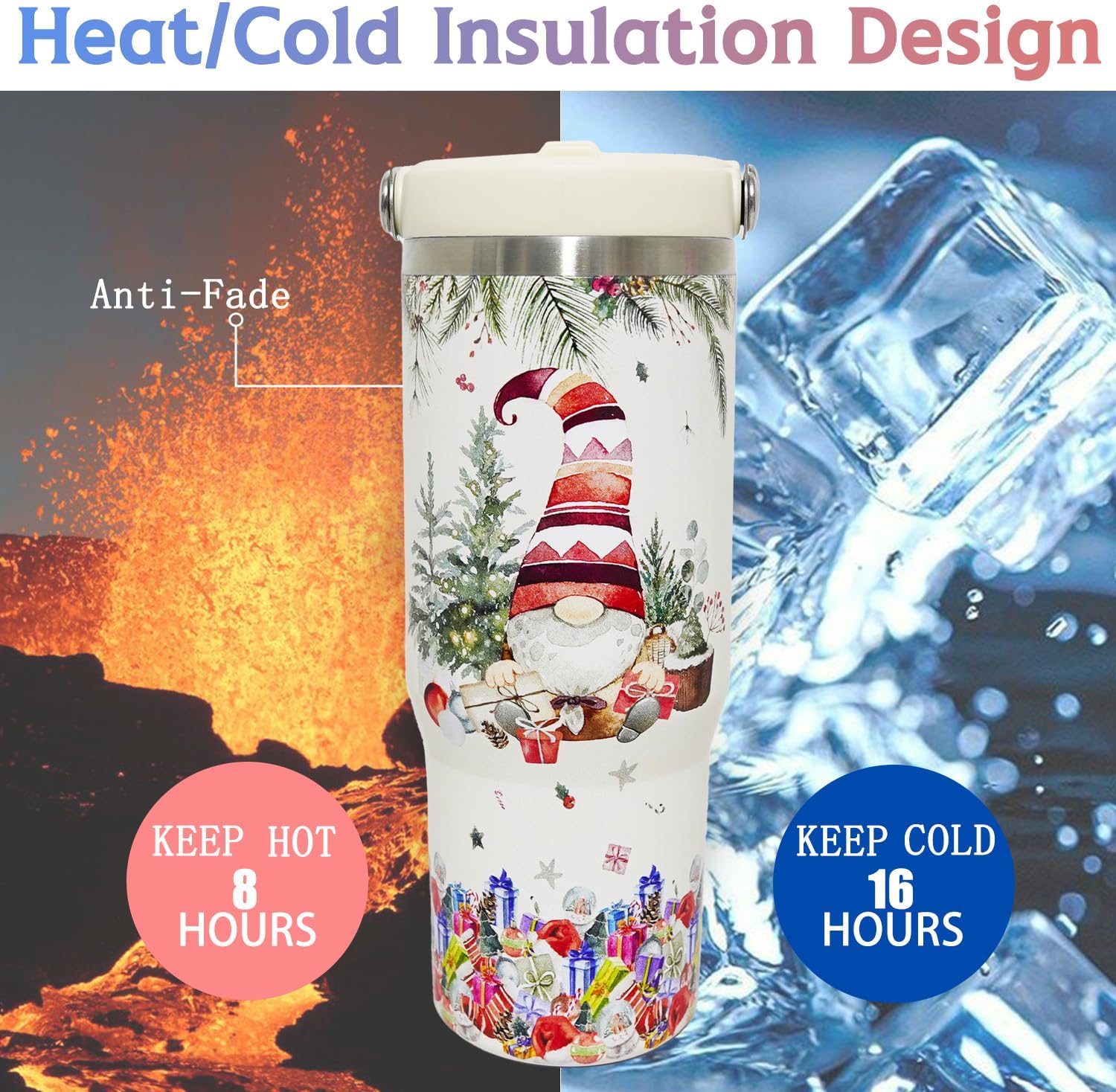 30oz Christmas Tumbler with Handle and Straw, Leak Proof Travel Gnome Coffee Mug, Reusable Stainless Steel Insulated Gnome Tumbler, Christmas Gifts for Women (beige) - Image 6