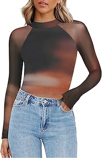 Long Sleeve Shirts for Women Floral Mesh Sheer Top Mock Neck Double Lined Fitted Going Out Blouses