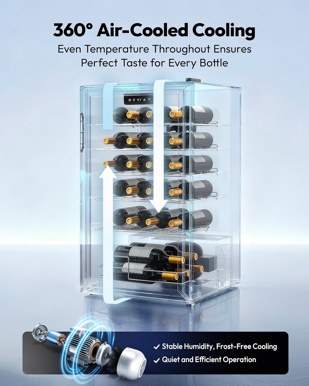 Diagram illustrating 360-degree air-cooled cooling within the EUHOMY wine cooler, highlighting stable humidity, frost-free cooling, and quiet, efficient operation