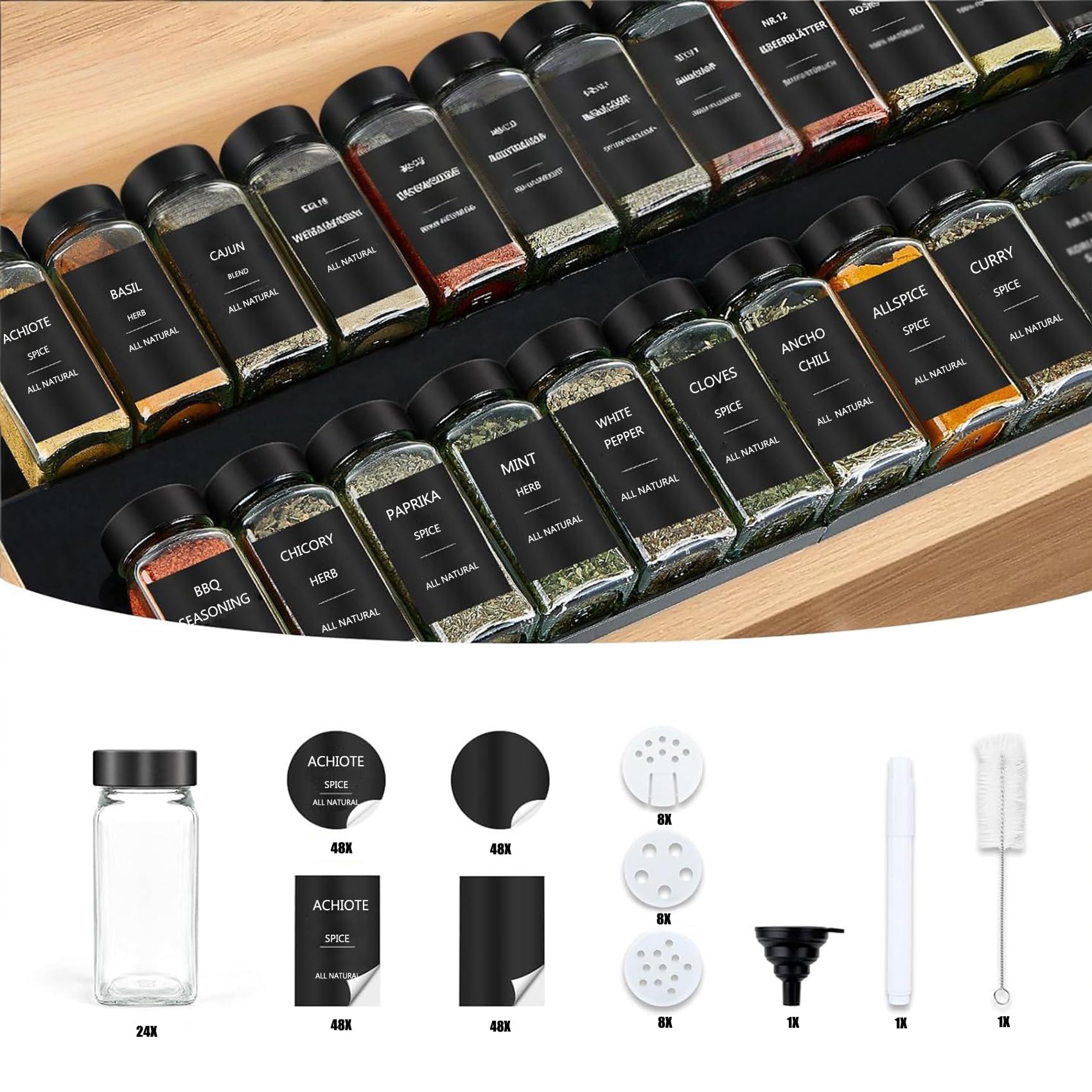 Lot de 24 bocaux à épices avec insert à saupoudrer de 120 ml + 192 étiquettes étanches - Bocaux à épices hermétiques carrés - Saupoudreur à épices en verre - Spice Jars Set - Bocaux à épices