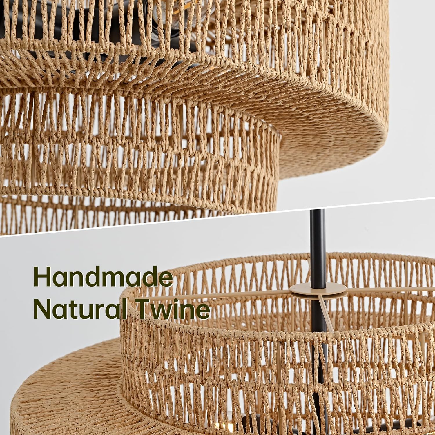 4-Light Boho Rattan Chandelier for Dining Room Light Fixture, 17.7” Black Rustic Pendant Light Farmhouse Hand Woven Wicker Light Fixture for Kitchen Island, Living Room, Bedroom