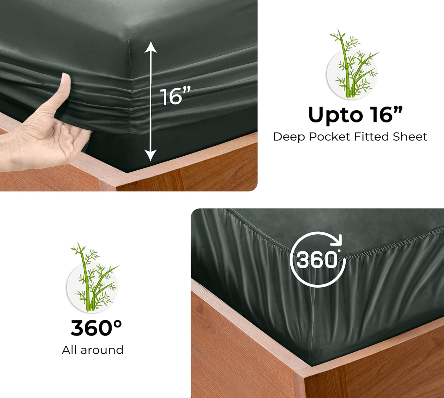 Royale Linens Rayon Derived Bamboo Viscose Fitted Sheet Only - Cooling Fitted Sheets for Bed - Deep Pocket Up to 16" - Organic Viscose Derived from Bamboo - Breathable Bottom Sheet (Grey, Queen)