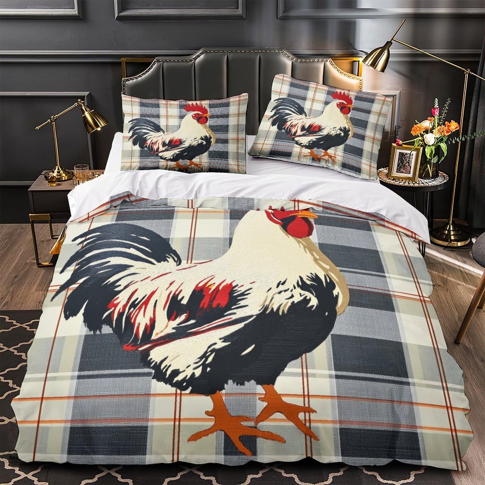 Housse de couette coq 3D pour déco chambre ado parure vintage 200x200cm folk campagnard