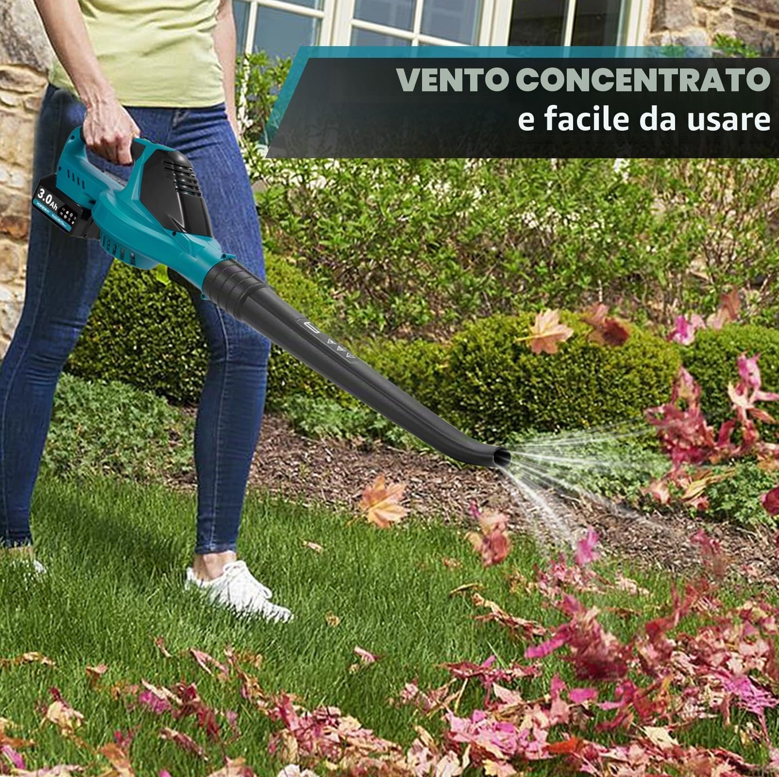 Yofidra Soffiatore Foglie a Batteria 360 km/h, Flusso d'Aria di 480 m³/h, Soffiatore Elettrico a 5 Velocità con 2 Batterie da 3000 mAh, Soffiatore per Foglie a Batteria per Giardino, Patio