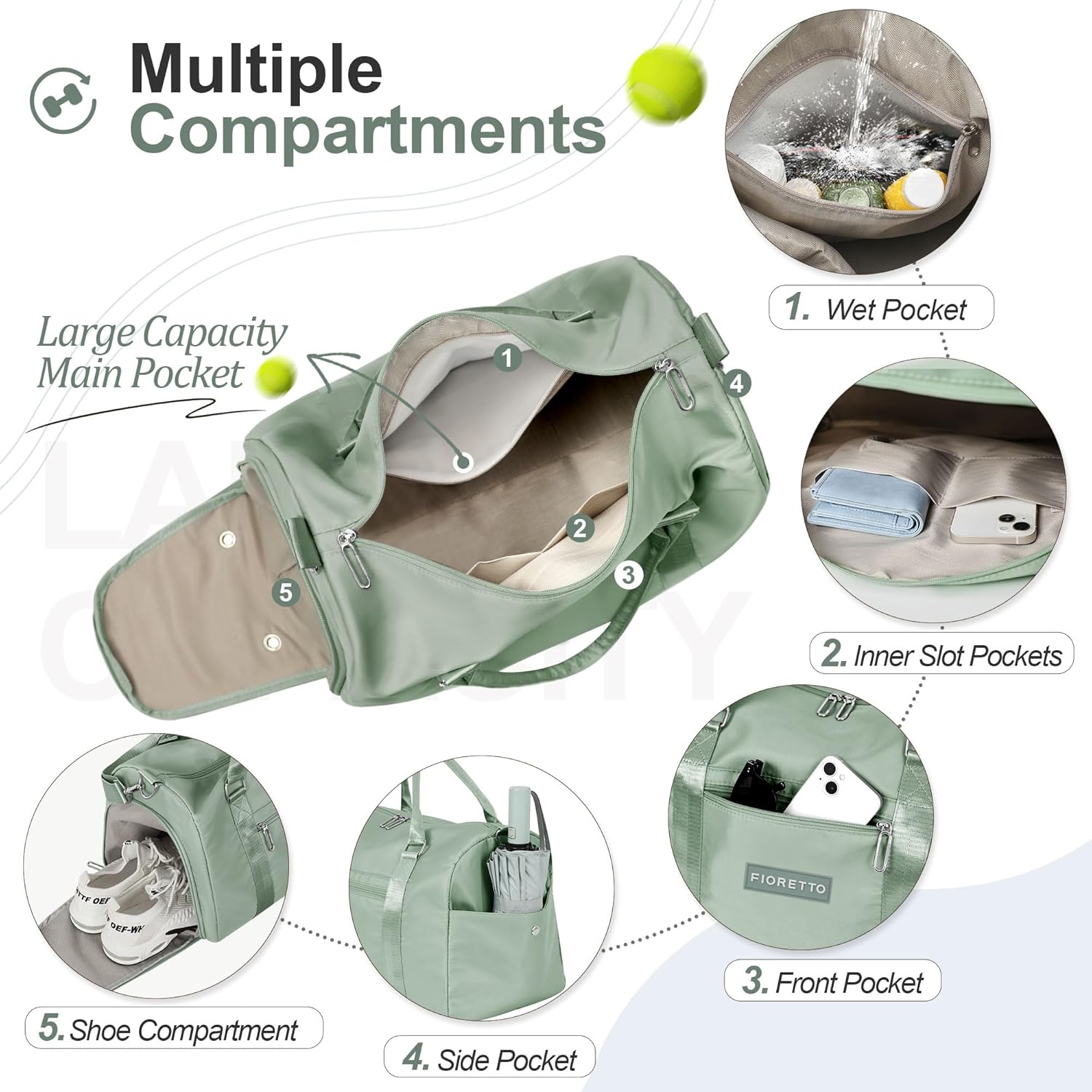 FIORETTO Womens Gym Tote Duffle Bag with Wet Pocket & Shoe Compartment, Sports Duffel Overnight Weekender Hospital Workout Carry on Bag for Girls, Ideal for Travel, Swimming, Dance, Ballet Celadon - Image 2