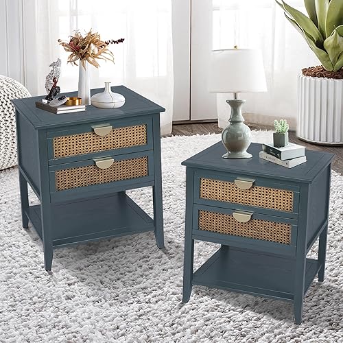 Miniatura 8 de Mesita de noche de ratán, mesita de noche, moderna mesa auxiliar de madera con 2 cajones y estante de almacenamiento para sala de estar o dormitorio