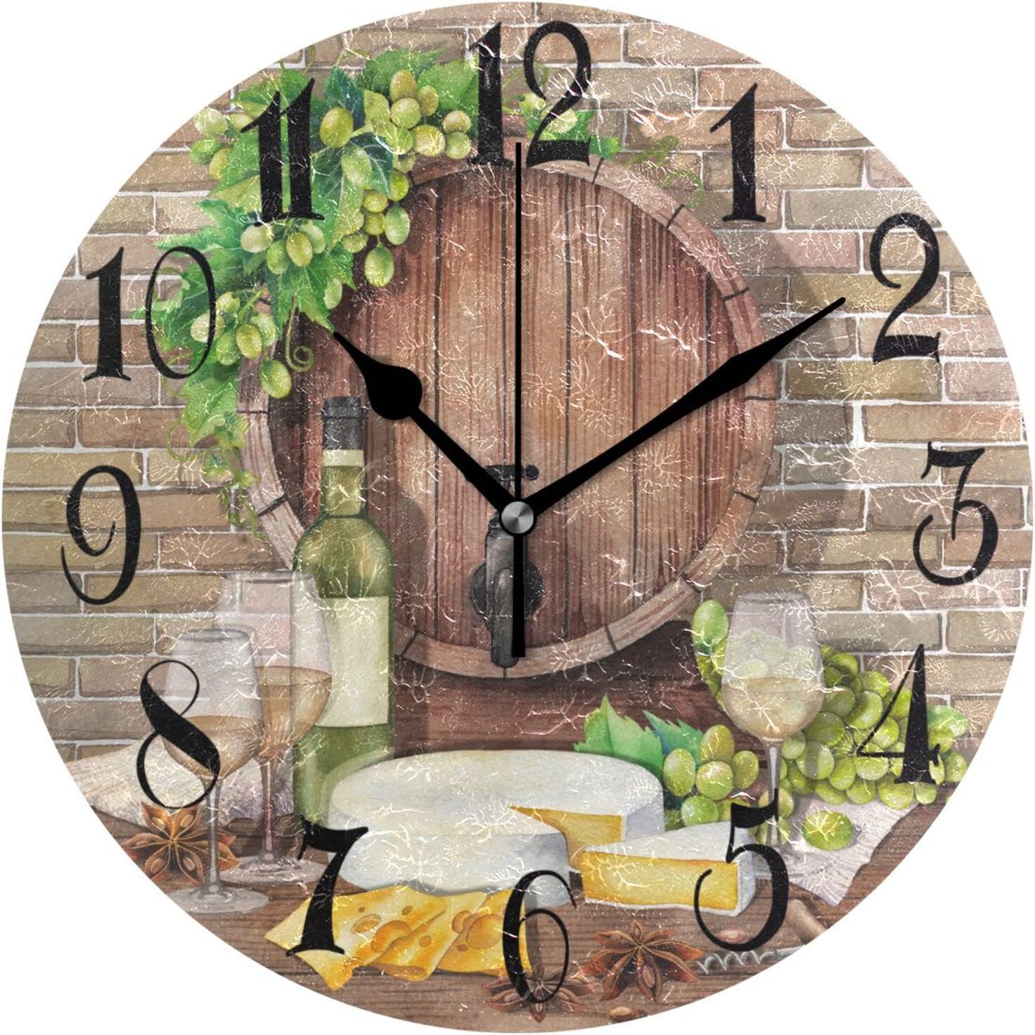 ALAZA Vintage Wine Glasses Bottle Grape Round Wall Clock Non-Ticking Silent Battery Operated Decorative Clock for Living Room Home Office Decor