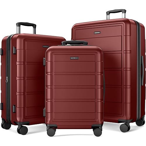 SHOWKOO Luggage Sets 3 Piece Expandable 100% PC Durable Hardshell Suitcase with Wheels TSA Lock Lightweight Wine Red