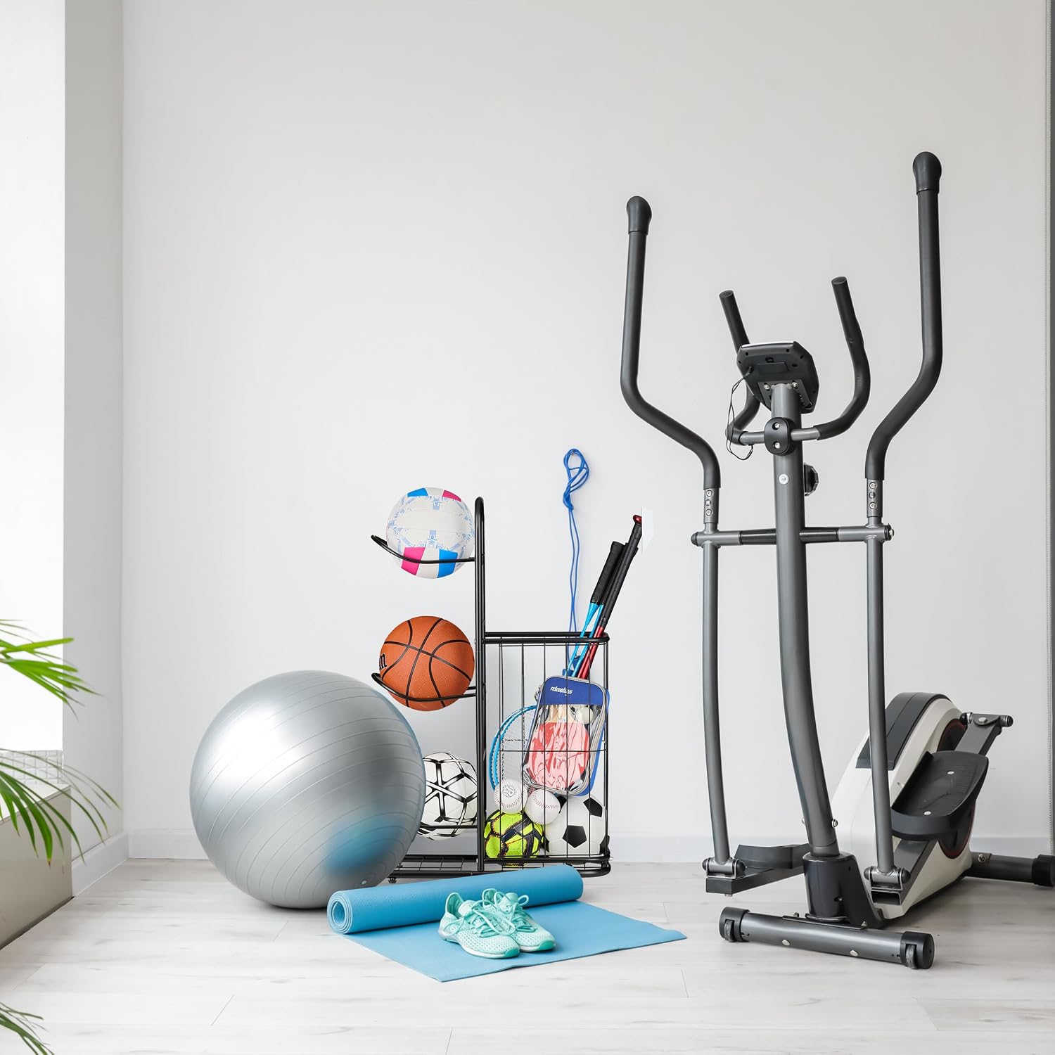 Relaxdays Ball Storage Rack, 4 Holders, for Basketball & Football, with Basket, Sports Equipment Stand, Metal, Black, Steel, 87 x 60 x 23.5 cm