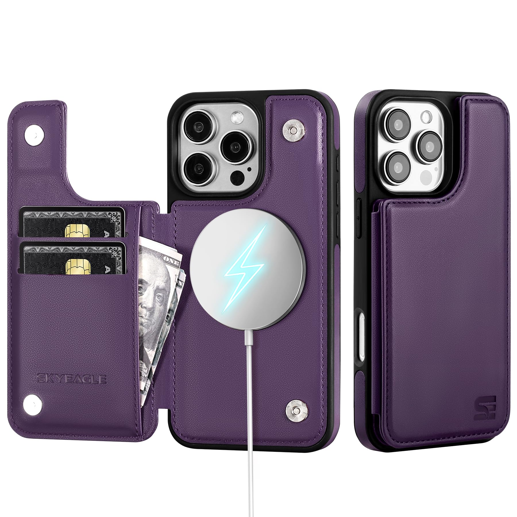 Compatible with Magsafe for iPhone 16 Pro Wallet Case with Card Holder,Women Men Phone Case PU Leather Kickstand Flip Protective Shockproof Cover Credit Card Slots,for Apple 16 Pro6.3,Purple