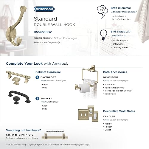 Miniatura 6 de Amerock H55465BBZ Adare Gancho decorativo de pared de doble punta, gancho dorado champán para abrigos, sombreros, mochilas, bolsos, ganchos para