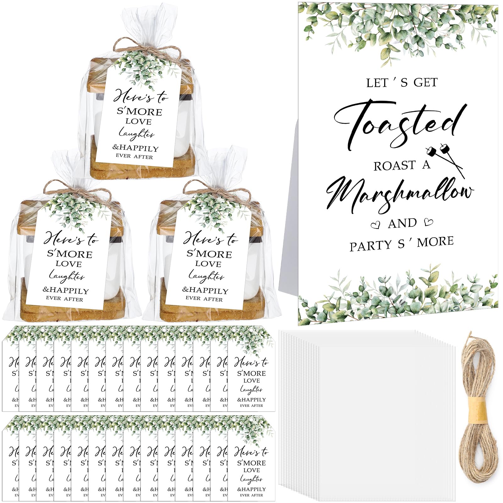 Yexiya 100 Sets Smores Wedding Favors Including Clear Cellophane S'more Love Bags Paper Insert Love Tags, Desktop Stand and 32.81 ft Twine for Wedding