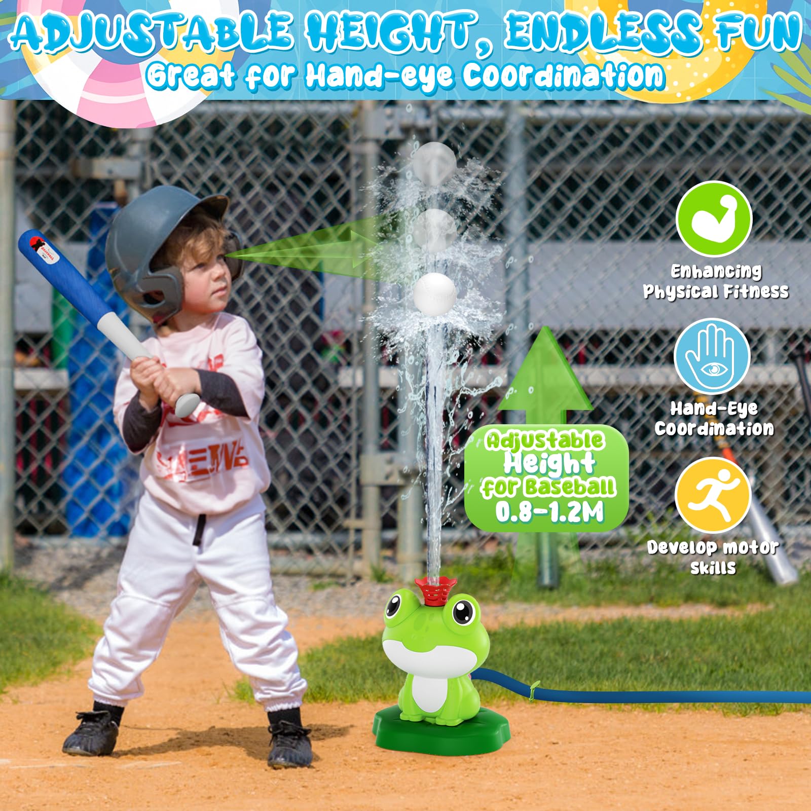 KIZJORYA 2-in-1 Water Sprinkler Tee Ball Set, Water Baseball Toys 360° Rotating Spray and 2 Sprinkler Heads for Splashing, Summer Backyard Lawn Activities for Toddler Ages 3+ (Green)