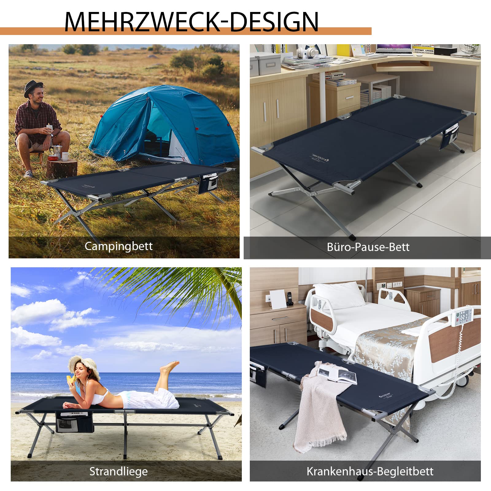 COSTWAY Łóżko polowe XXL, 214,5 x 106 cm, łóżko kempingowe z kieszenią boczną, przenośny leżak kempingowy o obciążeniu do 150 kg, w zestawie torba do noszenia, składane łóżko na kemping, plażę