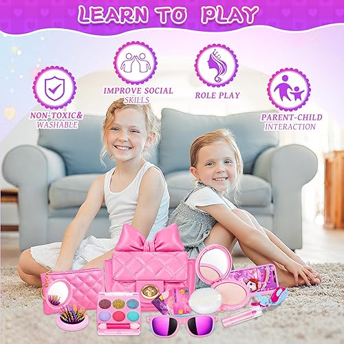 Miniatura 6 de Bolso para niña con kit de maquillaje para niños, mi primer juego de bolso con bolsa de cadena y más juguetes de simulación, juguetes de princesa,