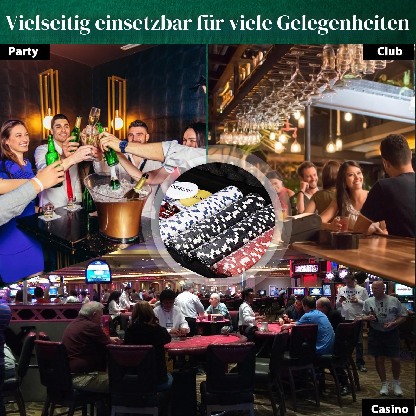 HOMASIS Pokerset mit 500 Chips, Poker Koffer mit 2 Kartendecks, 5 Würfel, Kasino-Matte, 3 Dealer Button, abschließbar Pokerkoffer Profi aus Alu, Komplettes Poker Set Pokerkarten für Partys (Schwarz)