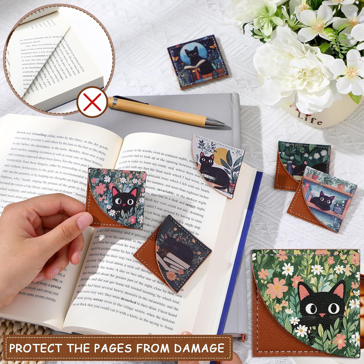 Skyygemm 6 Pcs Cute Black Cat Corner Bookmarks Set, Fun and Creative Leather Book Label Card Accessories, Suitable for Book Lovers Teacher's Day Office Bookkeeping Stationery Halloween Gifts - Image 6