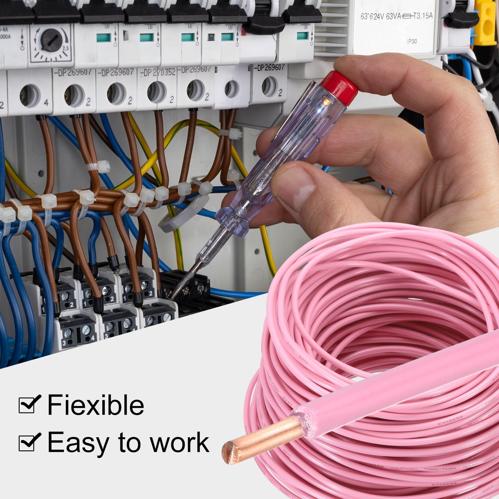 QUARKZMAN 100 Pies Cable Eléctrico Aislado Cobre Sólido 12AWG Cable De Conexión THHN Cable Residencial Industrial Para Puesta A Tierra Clasificado Para 600 Voltios Listado UL Rosa