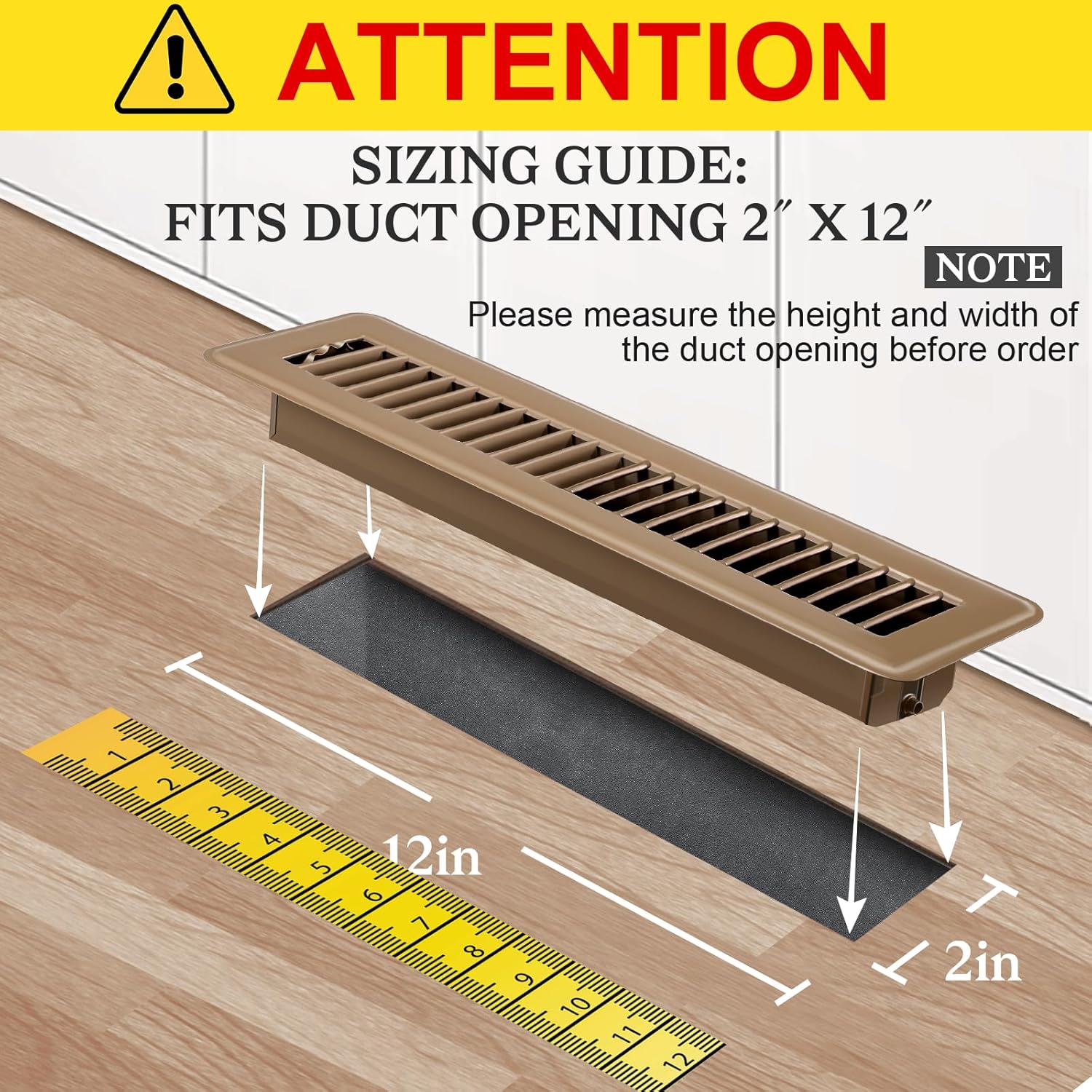 2x12 Heavy Duty Floor Registers, Rust Proof Finish Registers Grilles & Vents (6, Brown, 2x12 Inches)